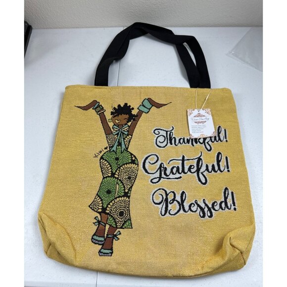 Thankful Grateful Blessed Tote Bag With Black Handles – Large – Yellow & Black - Picture 4 of 11